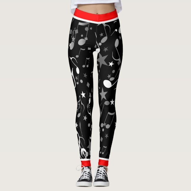 Black White Grey Music Notes and Red Trim on BLACK Leggings (Front)
