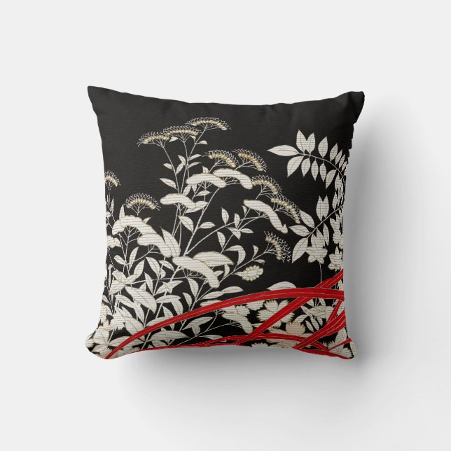 Black White Grey & Red Elegant Kimono Print Throw Pillow (Front)