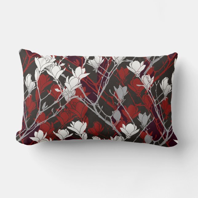 Black White Grey & Red Floral Design Lumbar Pillow (Front)