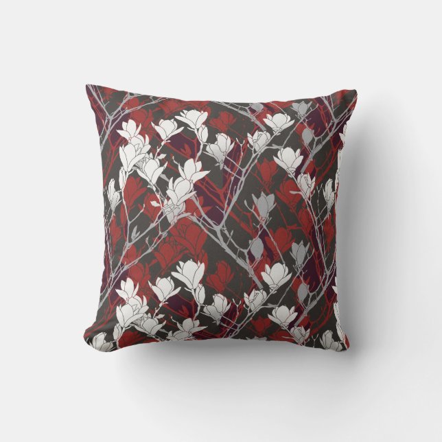 Black White Grey & Red Floral Design Outdoor Pillow (Front)