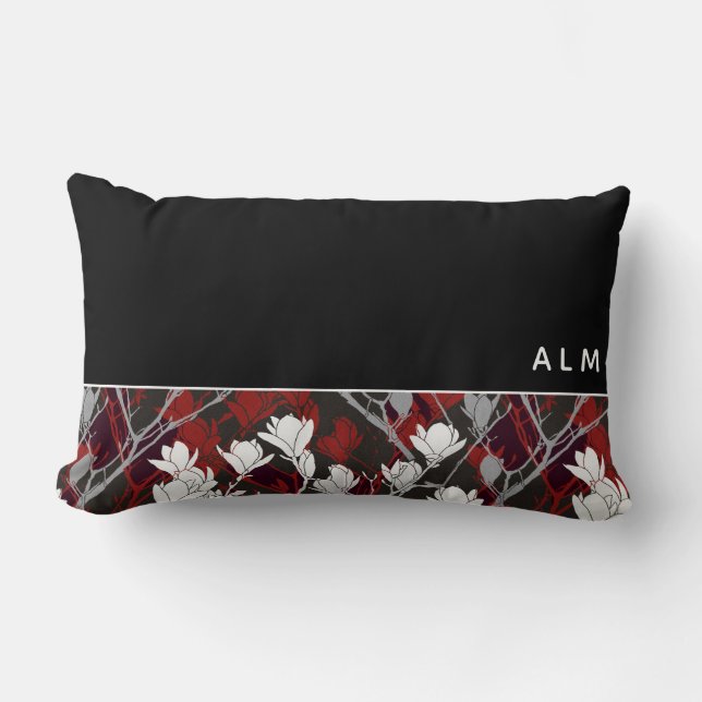 Black White Grey & Red Floral | Monogram Lumbar Pillow (Front)