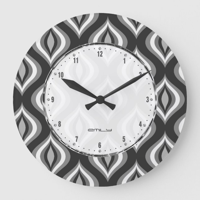 Black White & Grey Teardrop Modern Pattern Large Clock (Front)