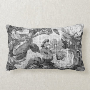 Black & White Grey Tones Floral Toile Fabric No.5 Lumbar Pillow