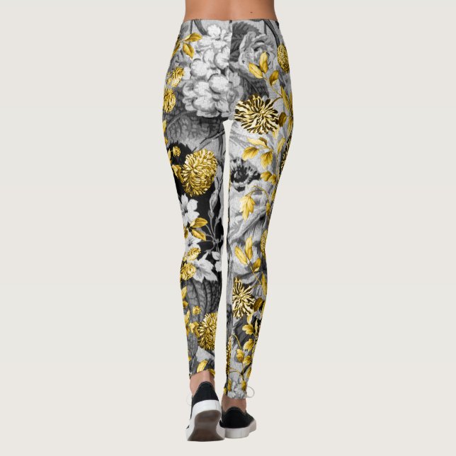 Black White Grey Tones Gold Floral Toile Leggings (Back)