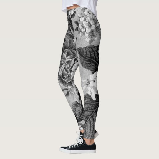 Black & White Grey Tones Vintage Floral Toile No.1 Leggings