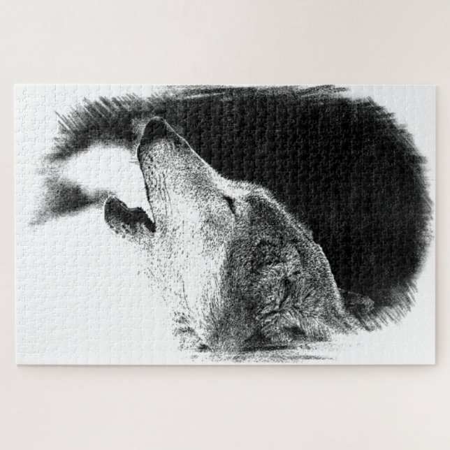 Black & White Grey Wolf Sketch Artwork Animal Art Jigsaw Puzzle (Horizontal)