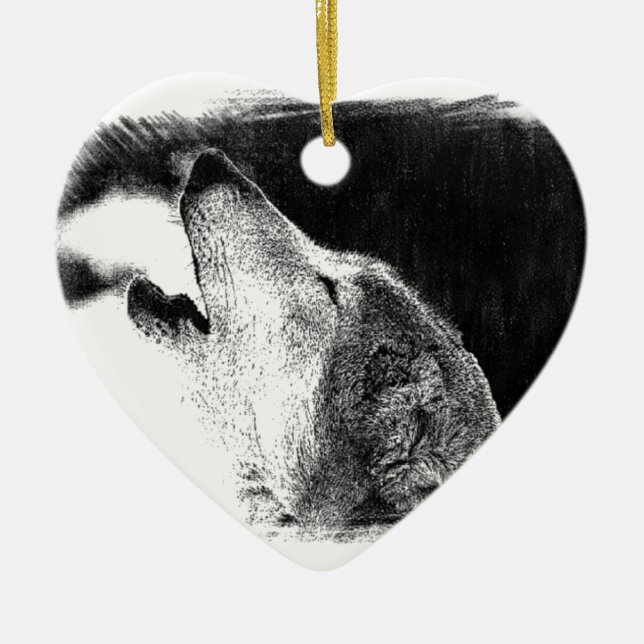 Black & White Grey Wolf Sketch Artwork Ceramic Ornament (Front)
