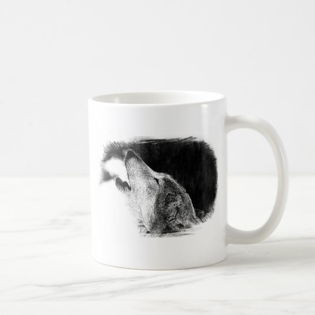 Black & White Grey Wolf Sketch Artwork Coffee Mug (Right)
