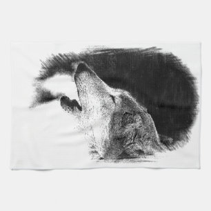 Black & White Grey Wolf Sketch Artwork Kitchen Towel
