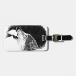 Black & White Grey Wolf Sketch Artwork Luggage Tag