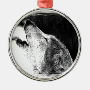 Black & White Grey Wolf Sketch Artwork Metal Ornament