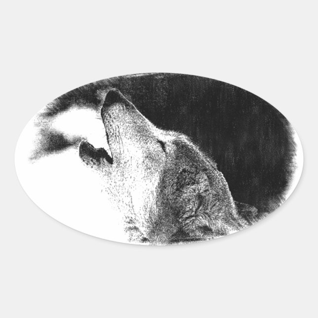 Black & White Grey Wolf Sketch Artwork Oval Sticker (Front)