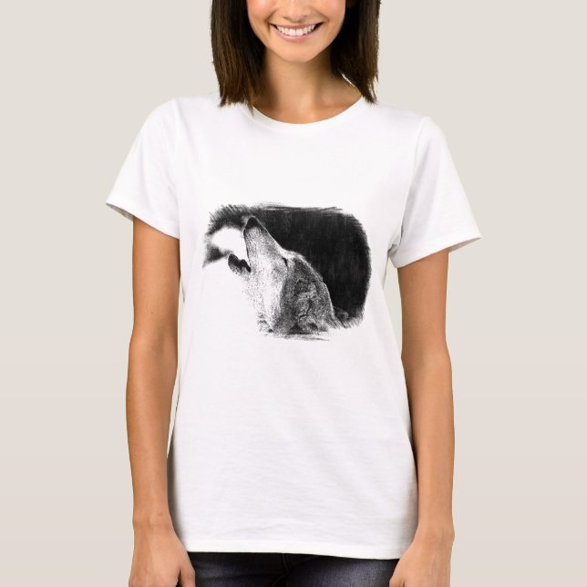 Black & White Grey Wolf Sketch Artwork T-Shirt (Front)