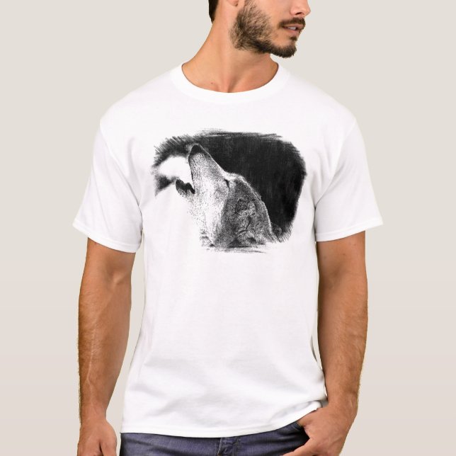Black & White Grey Wolf Sketch Artwork T-Shirt (Front)
