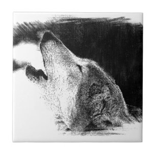 Black & White Grey Wolf Sketch Artwork Tile