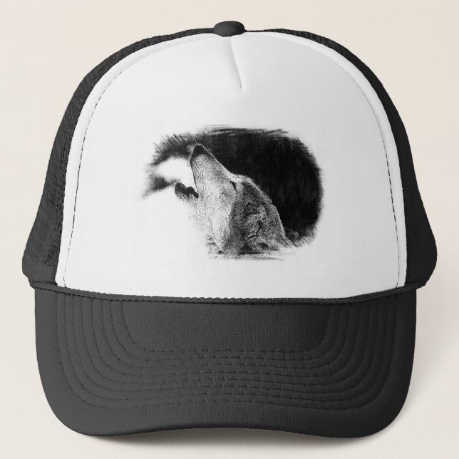 Black & White Grey Wolf Sketch Artwork Trucker Hat (Front)