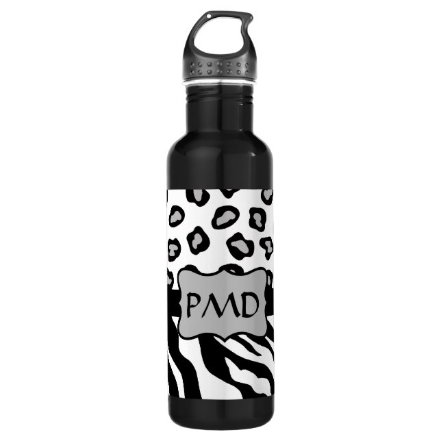 Black, White & Grey Zebra & Cheetah Skin Monogram 710 Ml Water Bottle (Front)