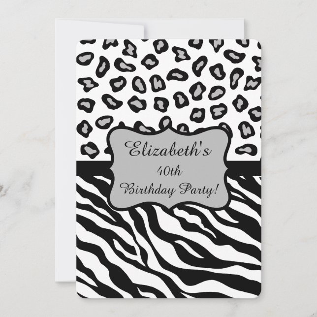 Black White Grey Zebra Leopard Skin 40th Birthday Invitation (Front)