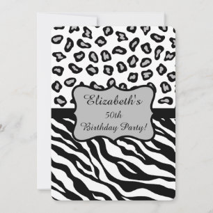 Black White Grey Zebra Leopard Skin 50th Birthday Invitation