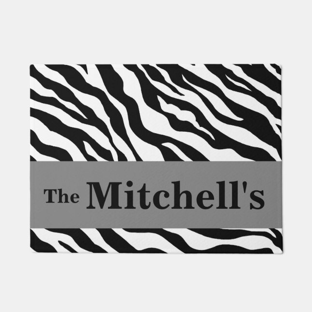 Black White Grey Zebra Skin Name Personalized Doormat (Front)