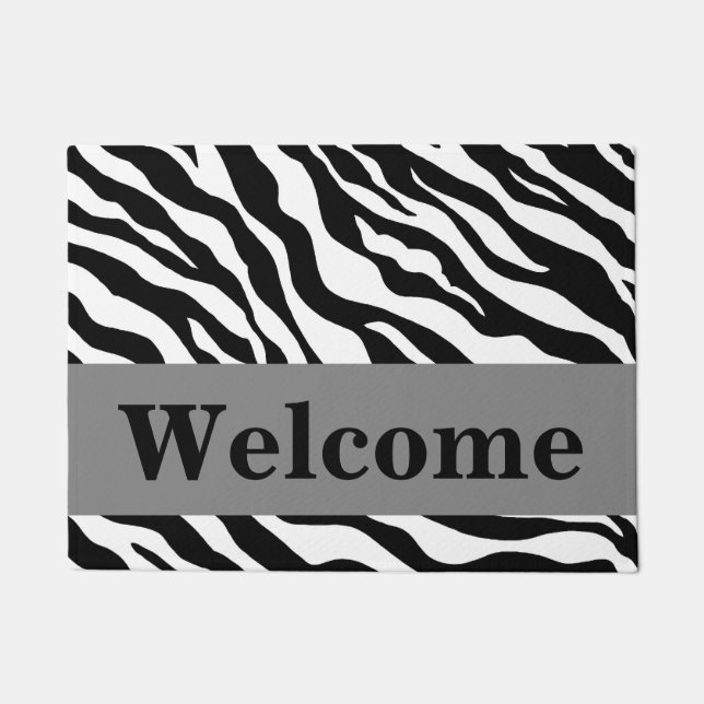 Black White Grey Zebra Skin Pattern Welcome Doormat (Front)