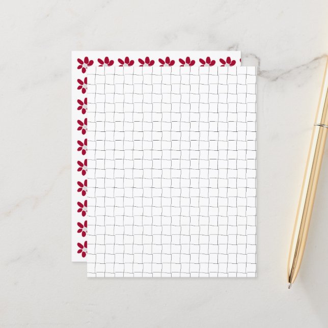 Black White Grid Red Flowers Scrapbook Paper (Front/Back In Situ)