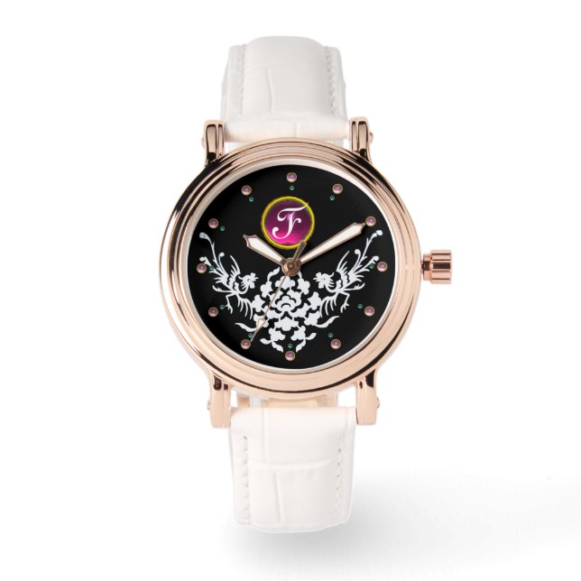 BLACK WHITE GRIFFINS AND FLOWERS GEM MONOGRAM WATCH (Front)