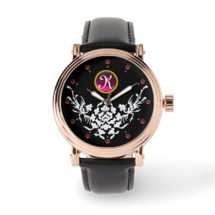 BLACK WHITE GRIFFINS AND FLOWERS GEM MONOGRAM WATCH