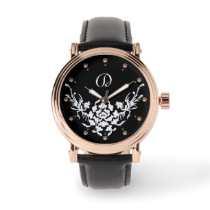 BLACK WHITE GRIFFINS AND FLOWERS  MONOGRAM WATCH