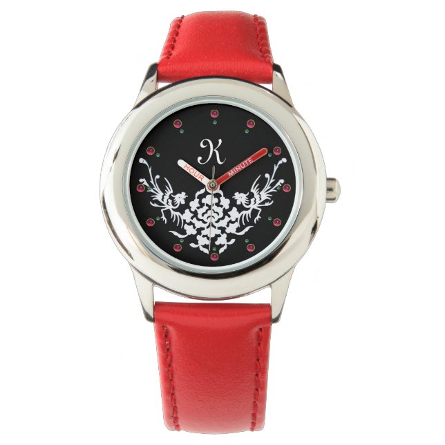 BLACK WHITE GRIFFINS AND FLOWERS  MONOGRAM WATCH (Front)