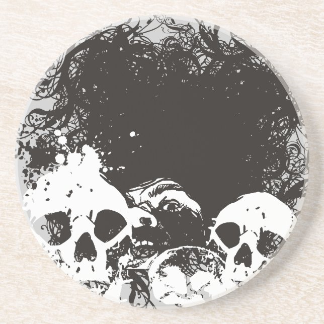 Black & White Grunge Skulls Illustration Coaster (Front)