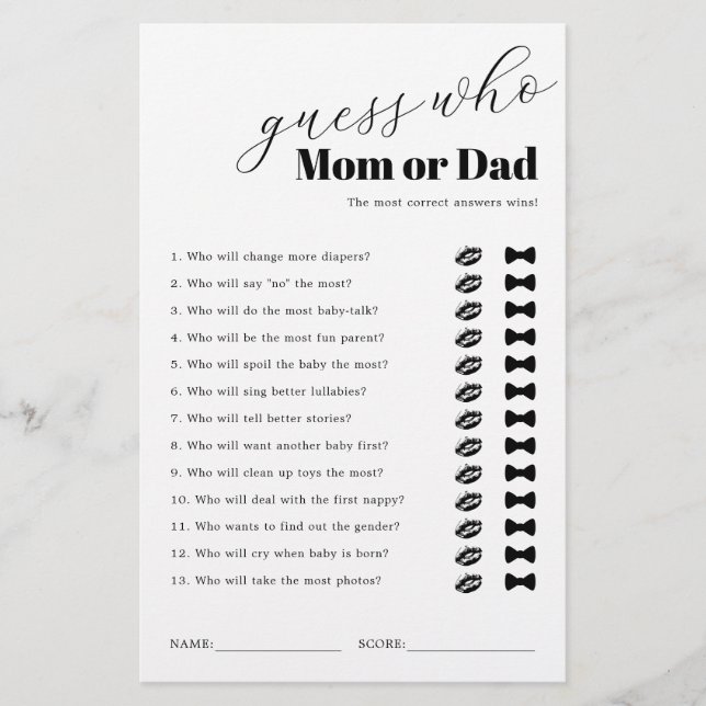 Black White Guessing Baby Shower Game (Front)