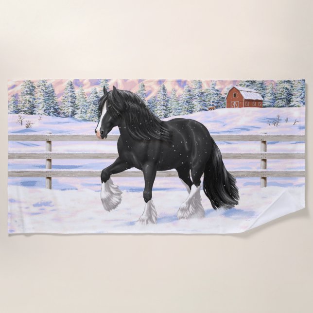 Black & White Gypsy Vanner Tinker Draught Horse Beach Towel (Front)