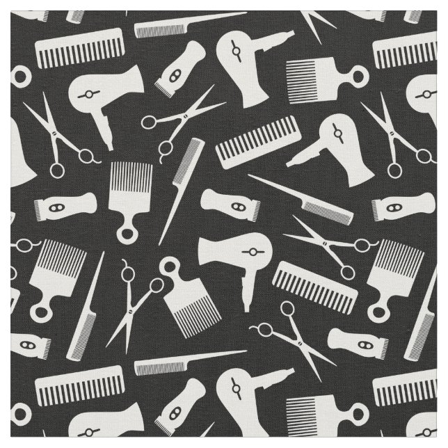 Black White Hair Tool Silhouette Pattern Fabric (Close Up)