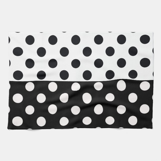 Black White Half Colour Split Inverse Polka Dots Kitchen Towel (Horizontal)