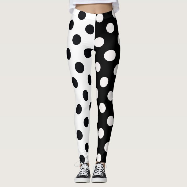 Black White Half Colour Split Inverse Polka Dots Leggings (Front)