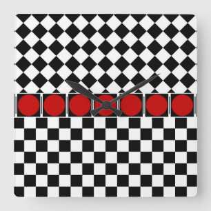 Black White Half Diamond Checkers Square Wall Clock