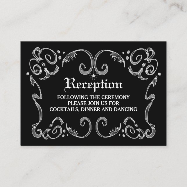 Black White Halloween Gothic Scroll Reception Card (Front)