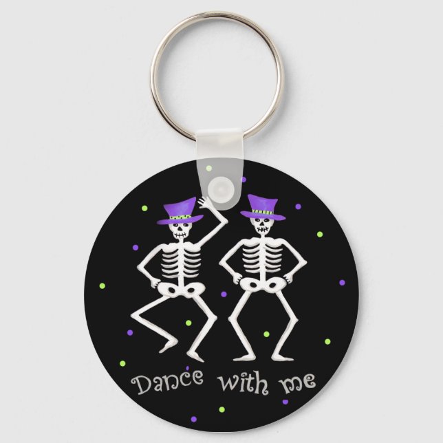 Black White Halloween Skeleton Bones Dance Keychain (Front)