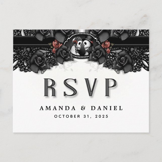 Black White Halloween Skeletons MENU RSVP PostCard (Front)