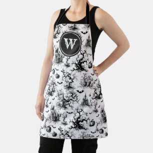 Black & White Halloween Toile Monogram Apron
