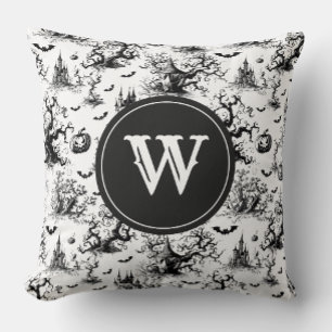 Black & White Halloween Toile Monogram Throw Pillow