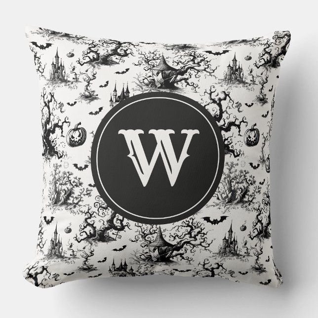 Black & White Halloween Toile Monogram Throw Pillow (Creator Uploaded)