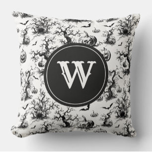 Black & White Halloween Toile Monogram Throw Pillow