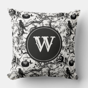 Black & White Halloween Toile Monogram Throw Pillow