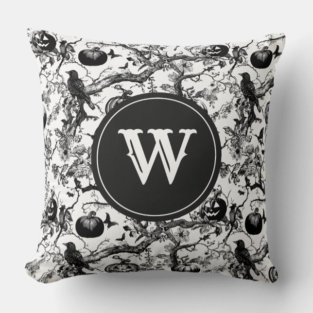 Black & White Halloween Toile Monogram Throw Pillow (Creator Uploaded)
