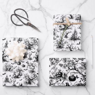 Black & White Halloween Toile Wrapping Paper Sheet