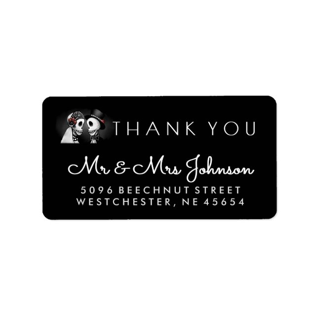 Black & White Halloween Wedding Skeleton Thank You Label (Front)
