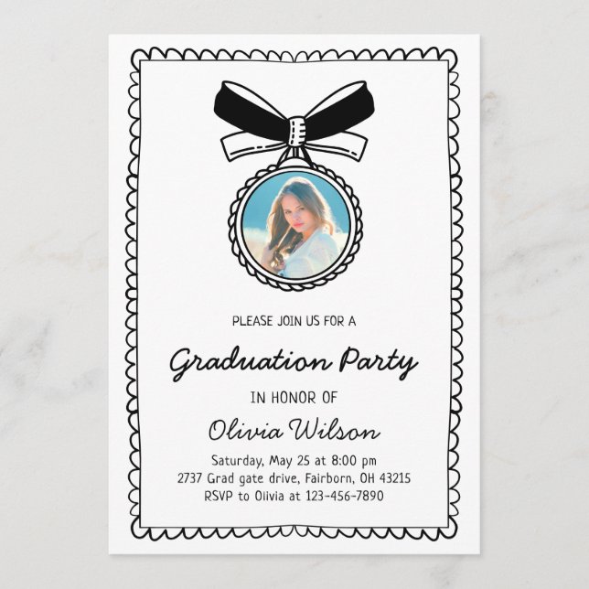 Black & White Hand Drawn Bow Graduation Party Invitation (Front)