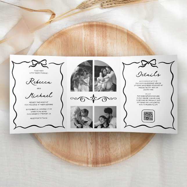 Black & White Hand Drawn Bow QR Code Photo Wedding Tri-Fold Invitation (Creator Uploaded)